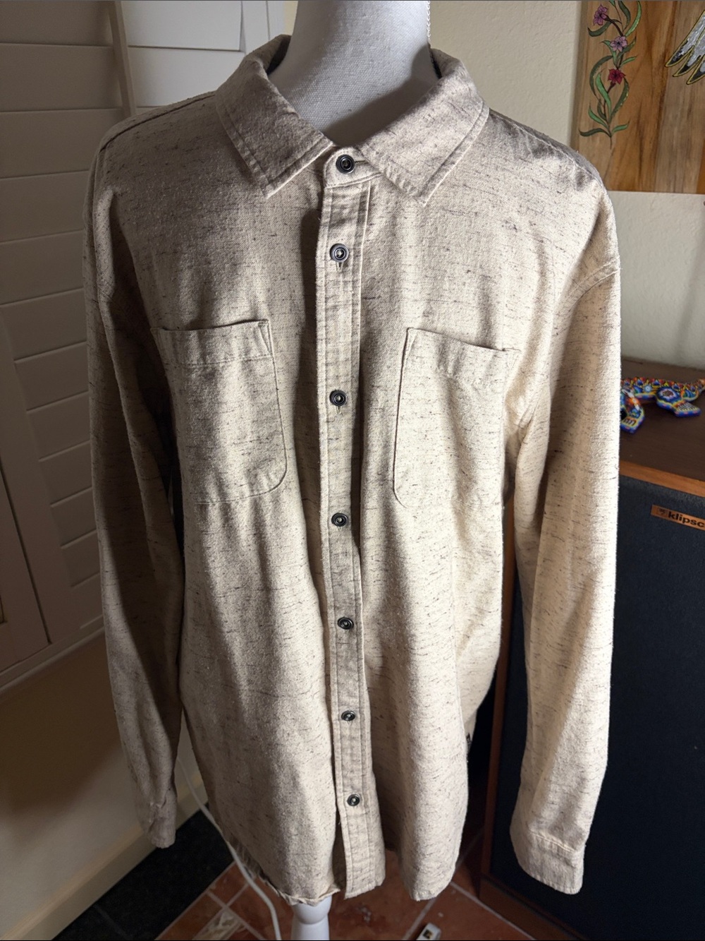 🤎🚶‍♂️Prana Tan Speckled Cotton Warm Flannel Long Sleeved Collared Shirt Sz L